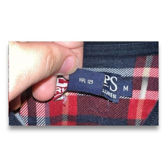 Red & Navy Check Chaps Ralph Lauren Mesh L/S Polo Shirt Size M - Picture 3 of 10